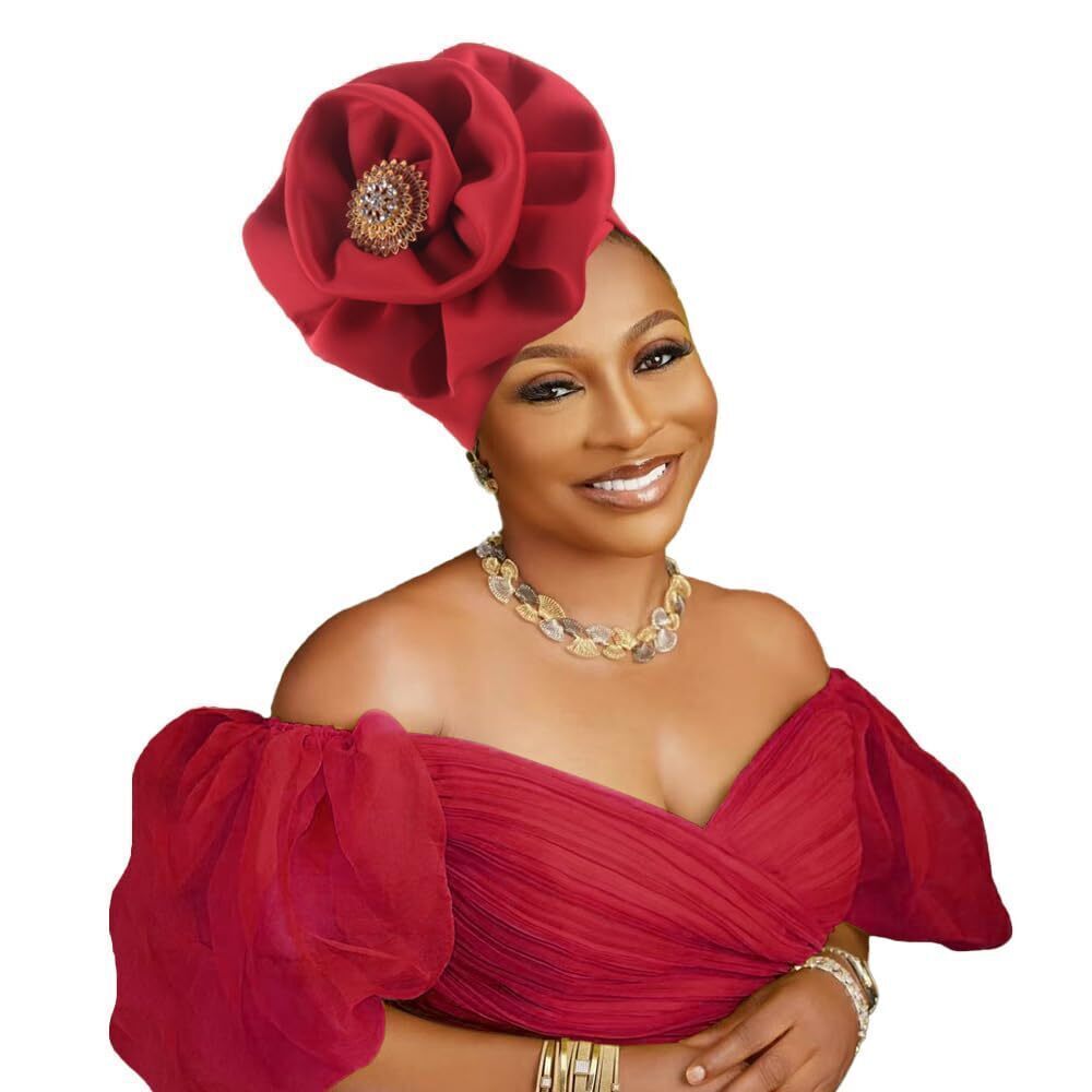 4786 Elegant Floral Turban Head Wrap, Crystal Brooch Detail, Multi-Color
